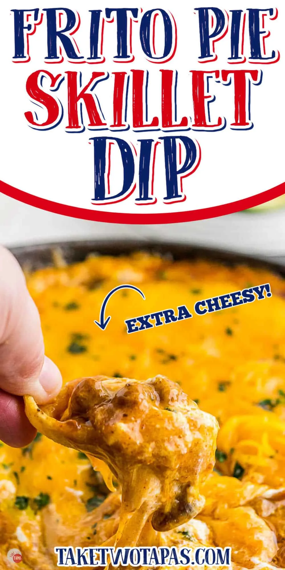 collage of cream cheese dip with text "frito pie skillet dip"
