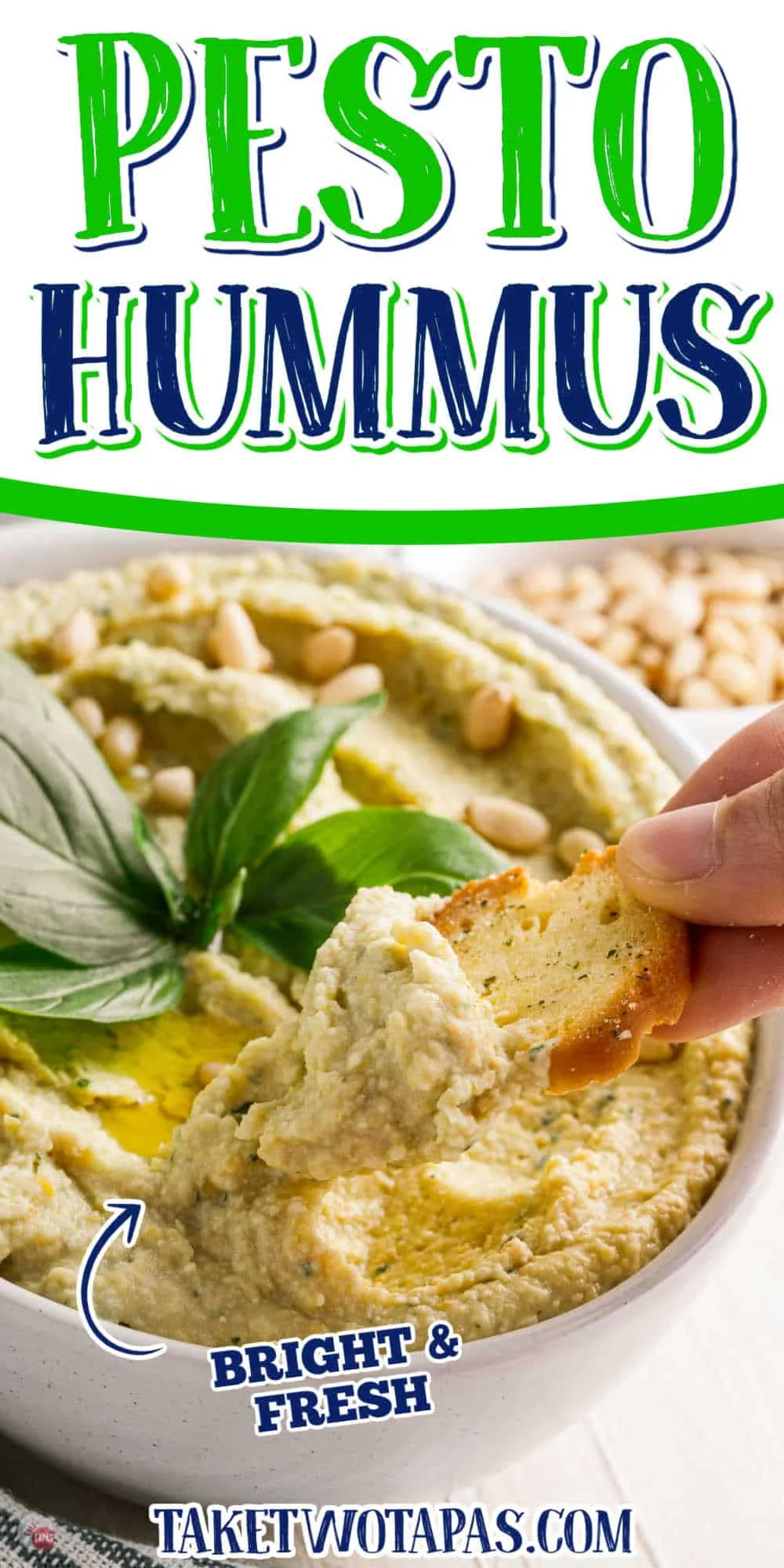 scoop of hummus with text "basil pesto hummus"