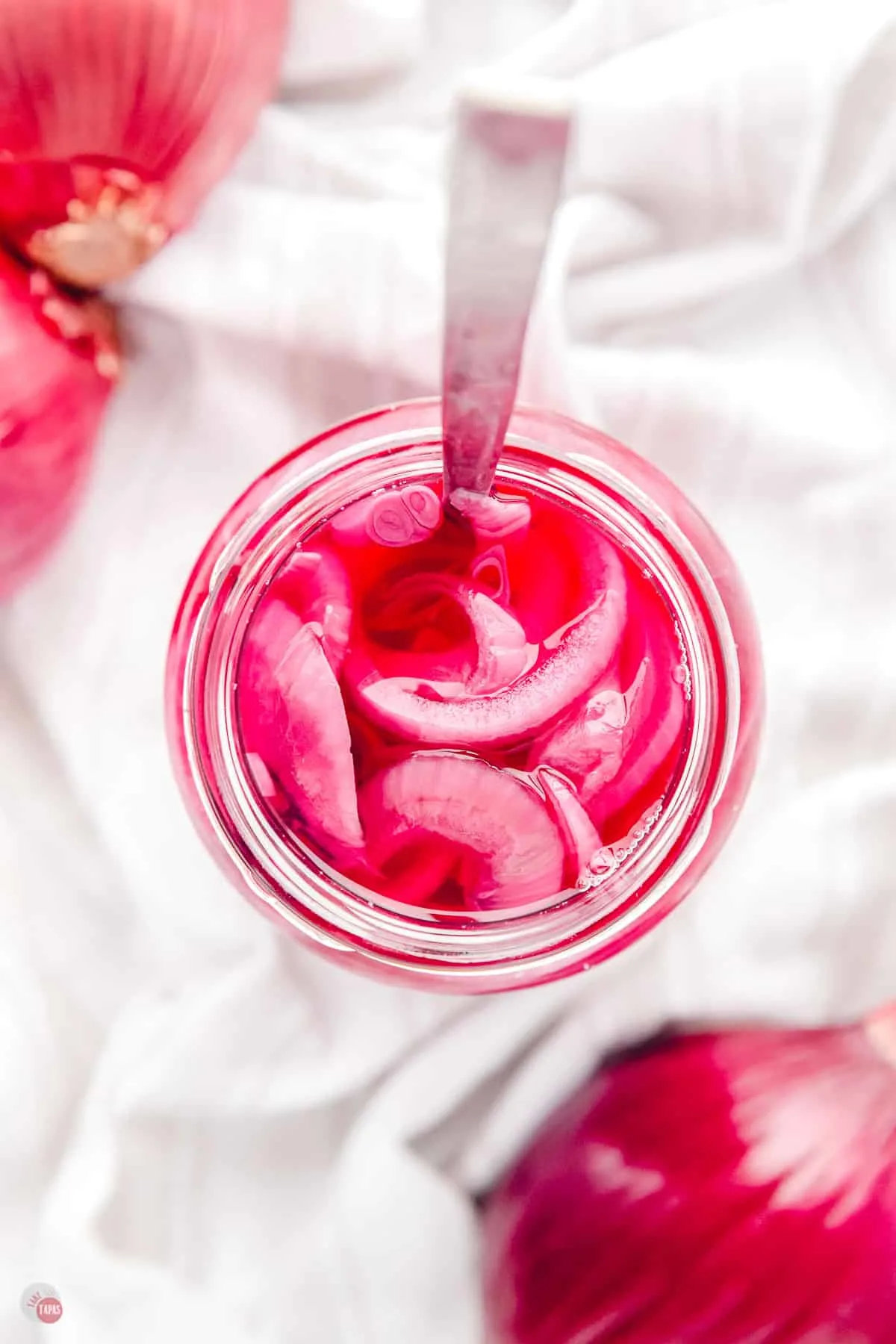 overhead shot of jar of onions