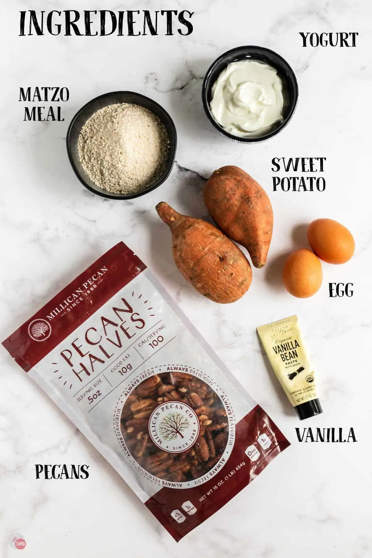 labeled picture of sweet potato latke ingredients
