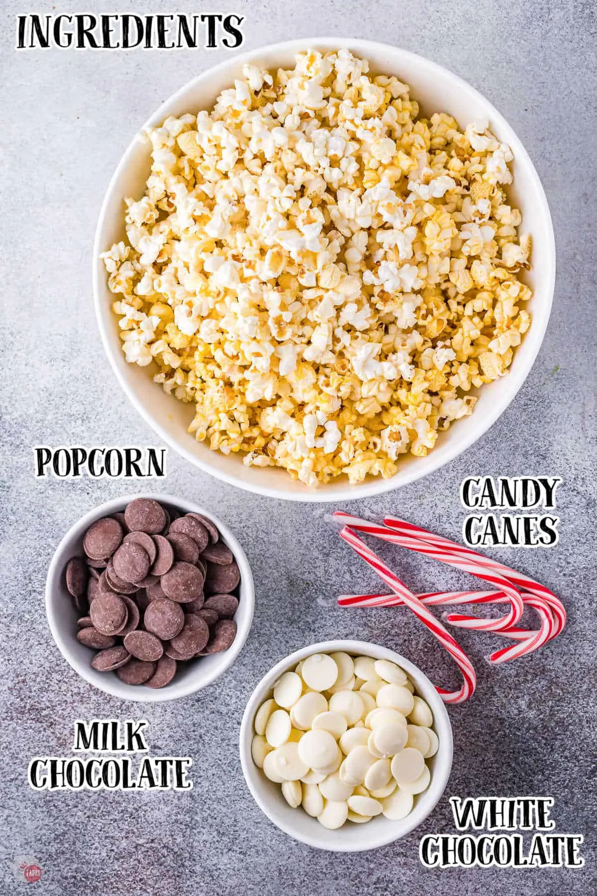 labeled picture of peppermint popcorn ingredients