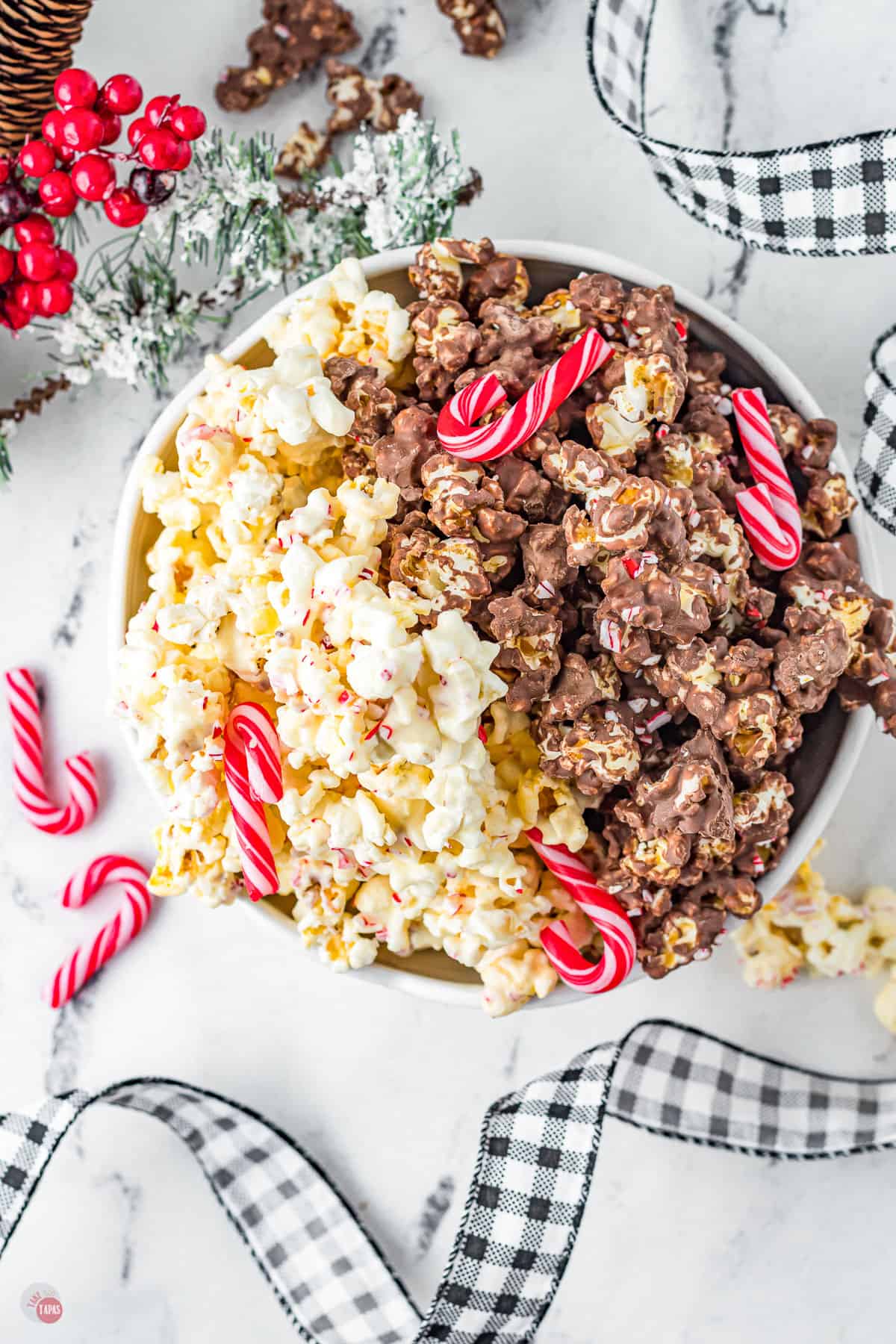 overhead bowl of chocolate covered popcorn