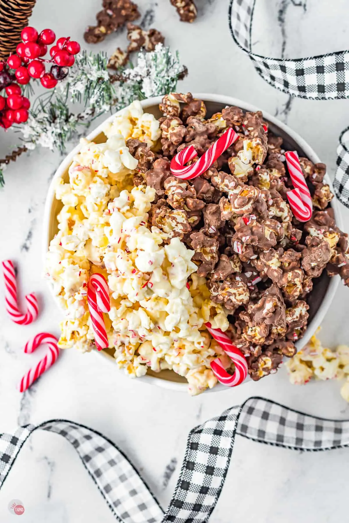 overhead bowl of chocolate covered popcorn