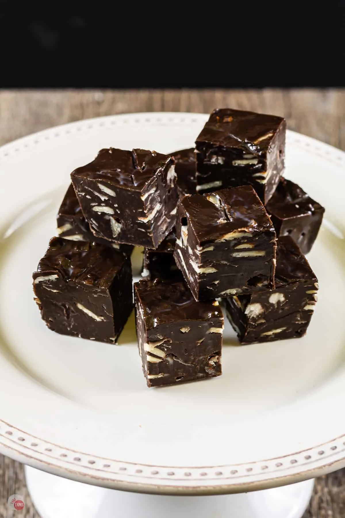 overhead picture of block of fudge cut into a few pieces