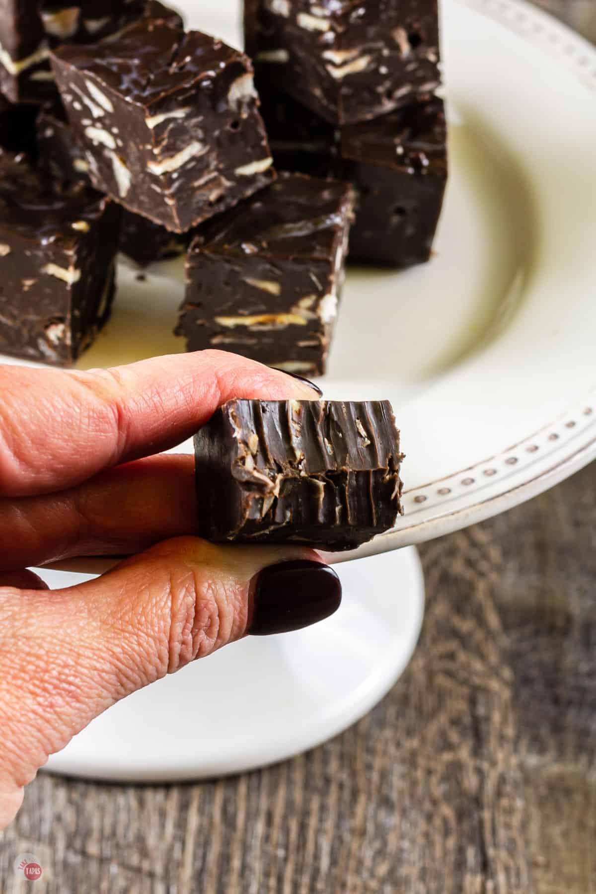 hand holding small pieces of fudge