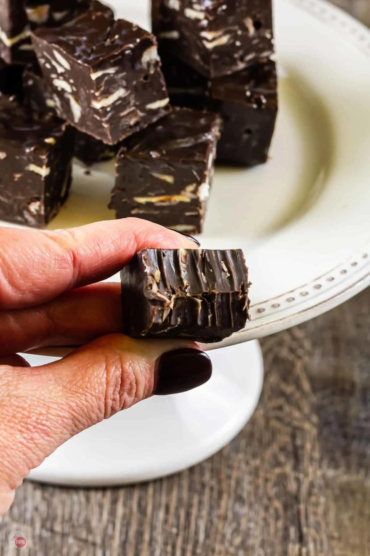 hand holding a piece of chocolate fudge with a bite taken out of it