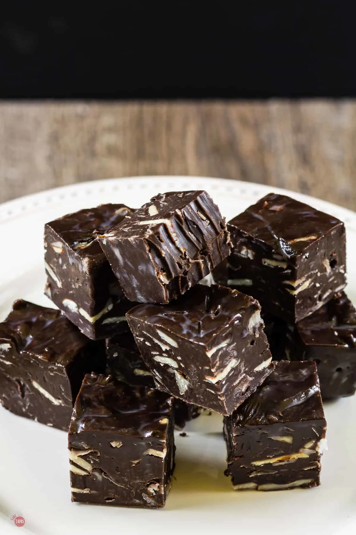 stack of 1-inch squares of dark chocolate fudge