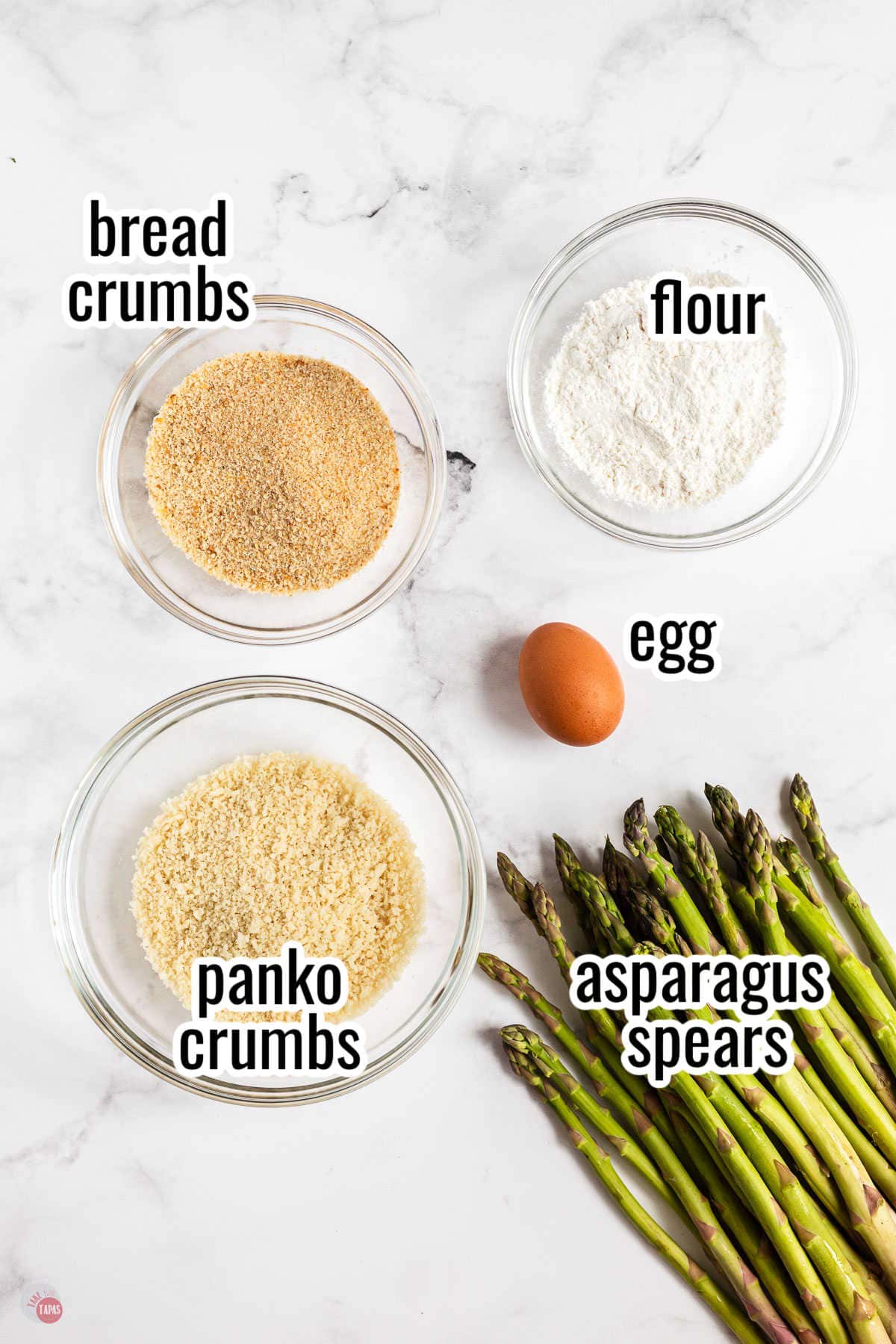 ingredients for asparagus fries with text overlay labeling them