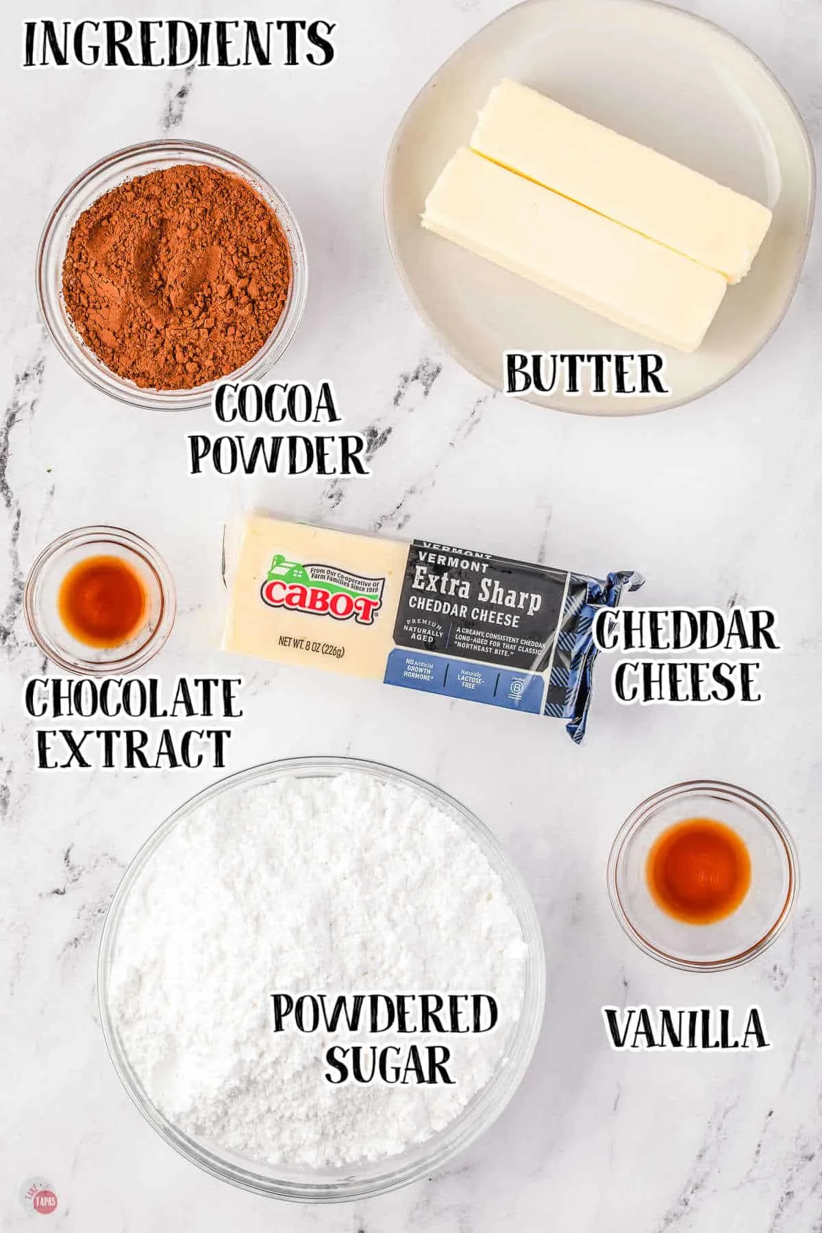 labeled picture of chocolate cheese fudge ingredients