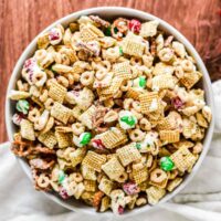 bowl of christmas crack chex mix