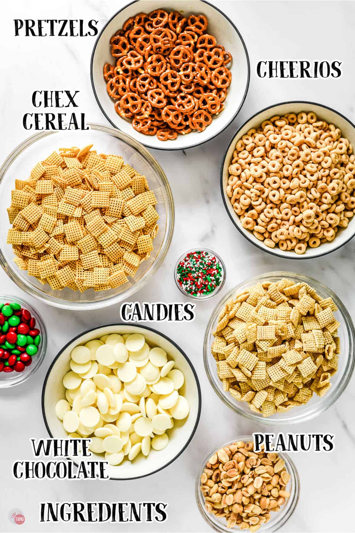 labeled picture of christmas crack chex mix ingredients