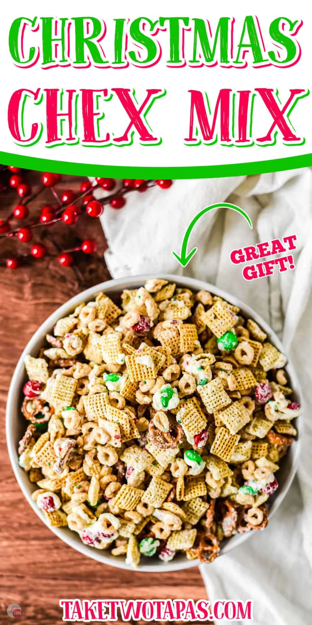 bowl of christmas chex party mix with text