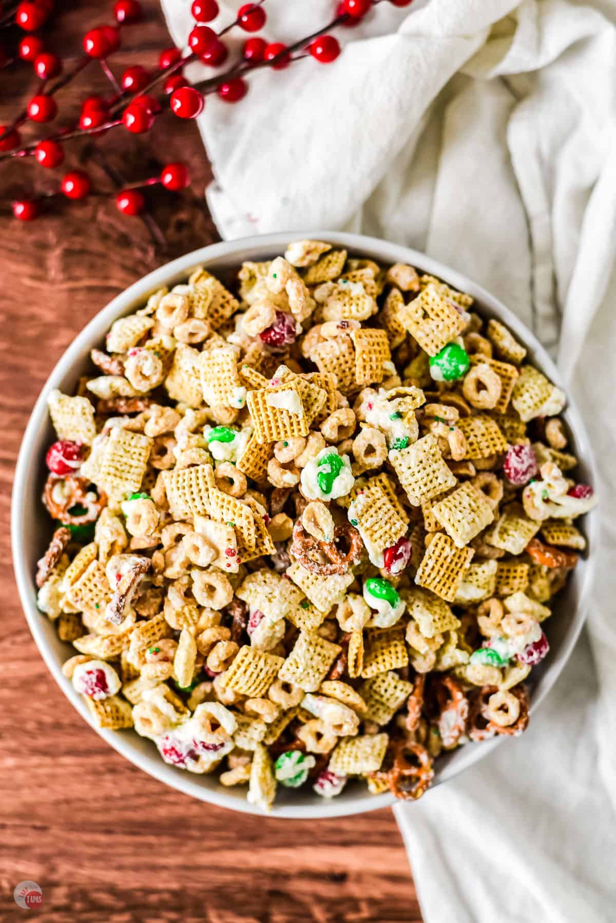 bowl of christmas chex mix