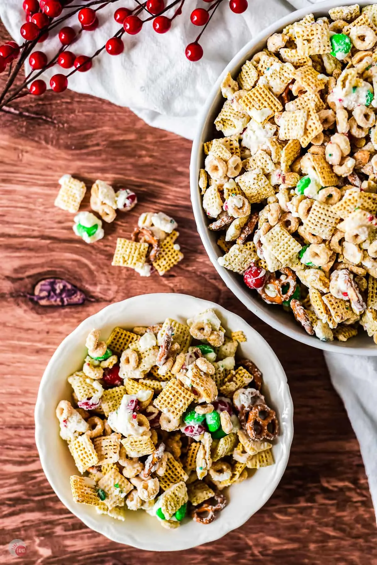 two bowls of christmas chex mix