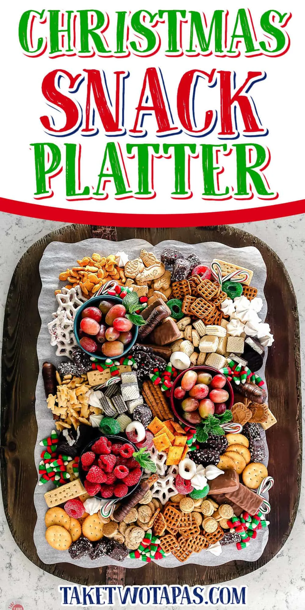 overhead picture of holiday snack platter for kids with text "Christmas Snack Platter"