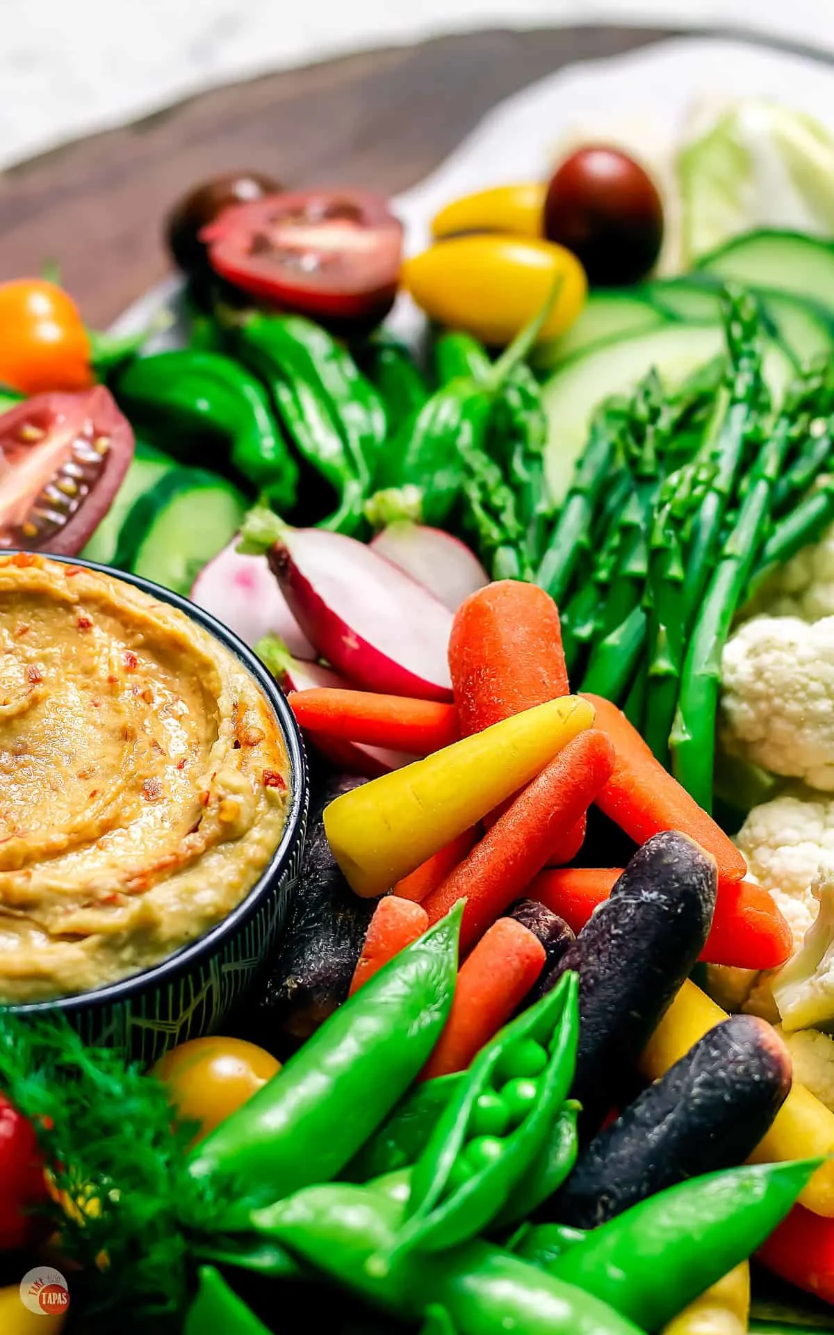 close up of a crudité board