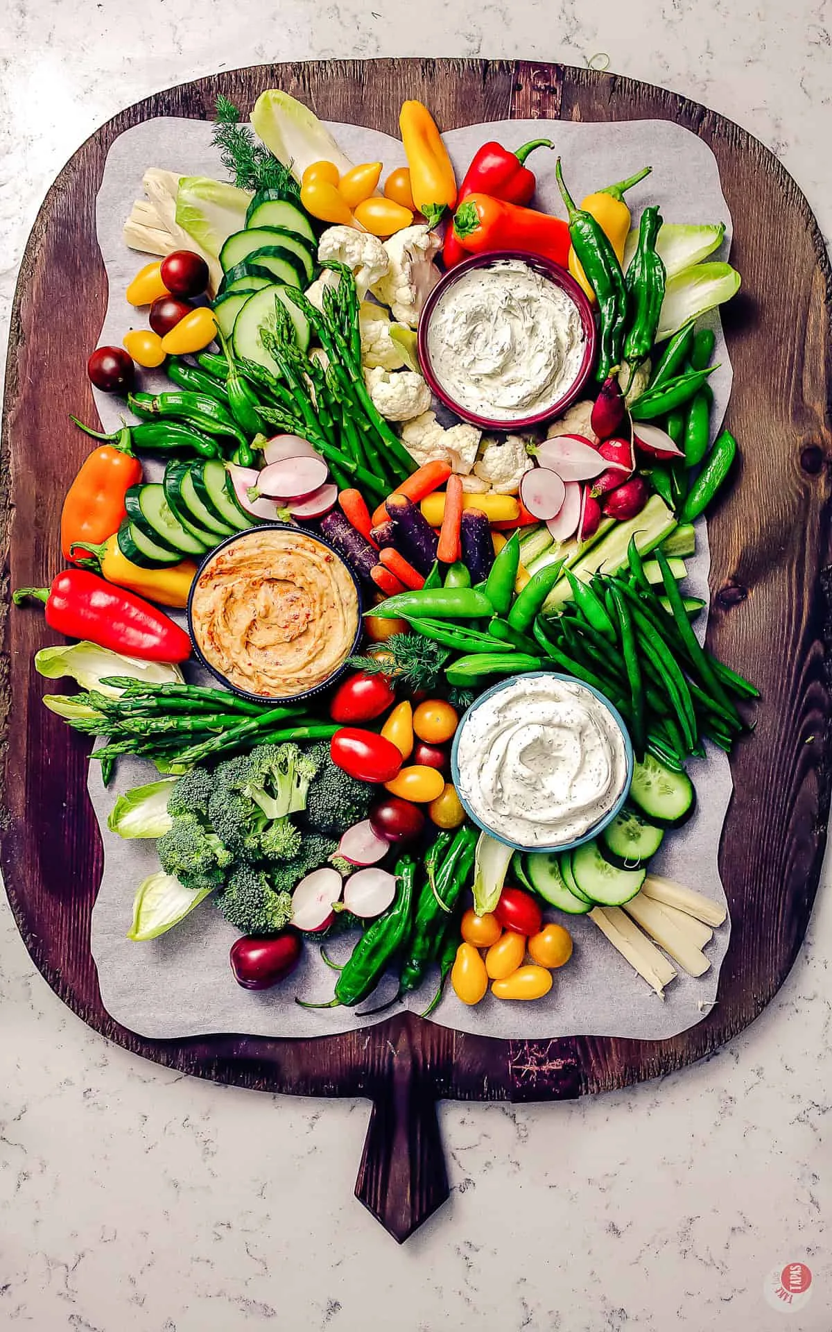 an overhead view of a vegetable platter