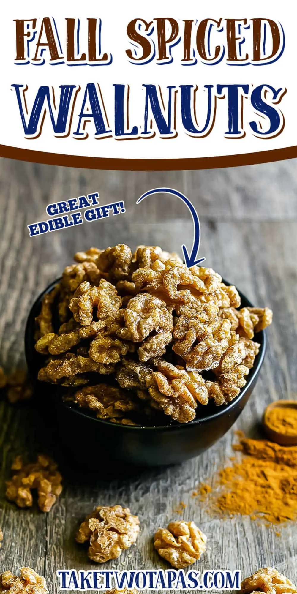 Pinterest image with text "fall spiced walnuts"