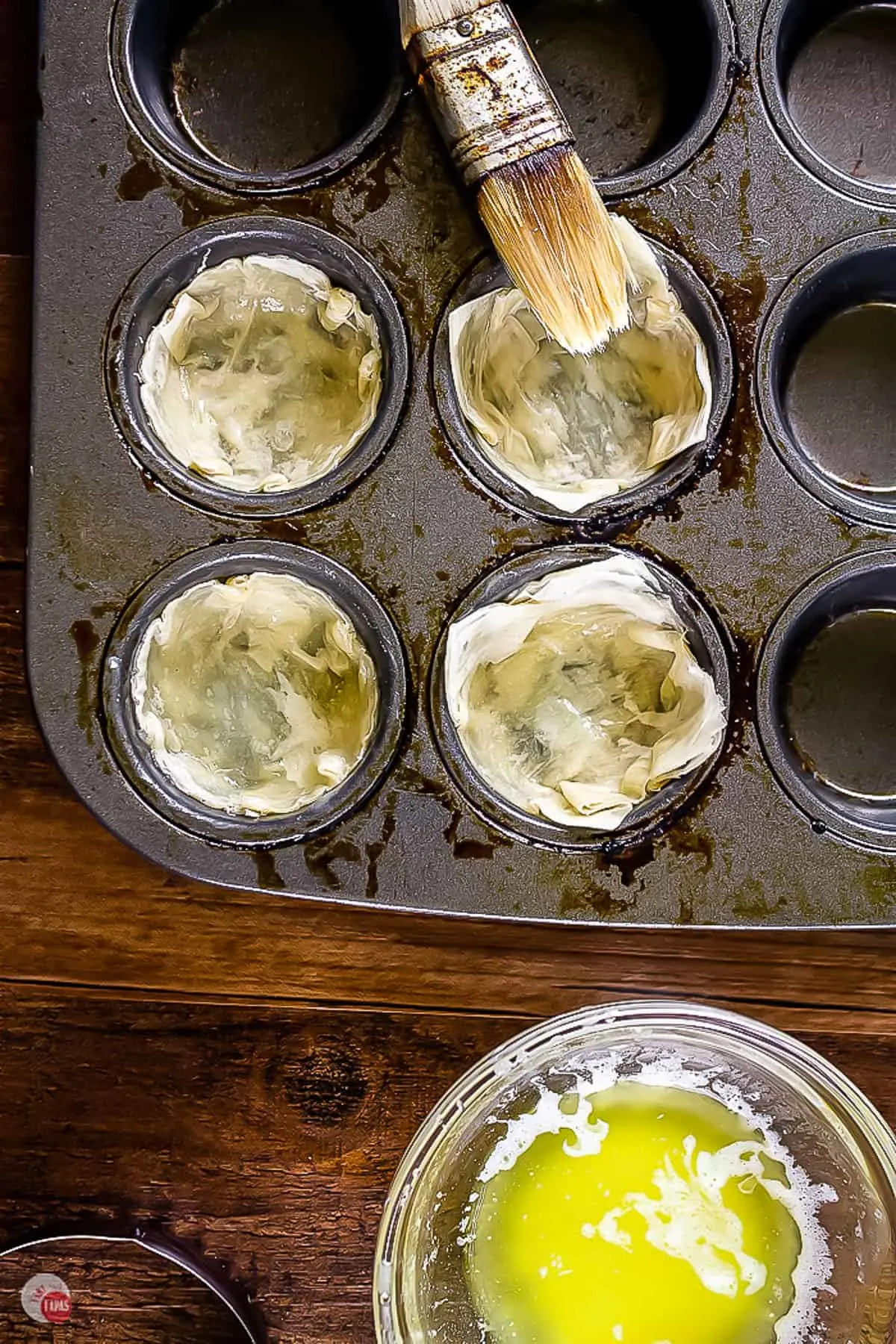 phyllo sheet shapes in a mini muffin pan