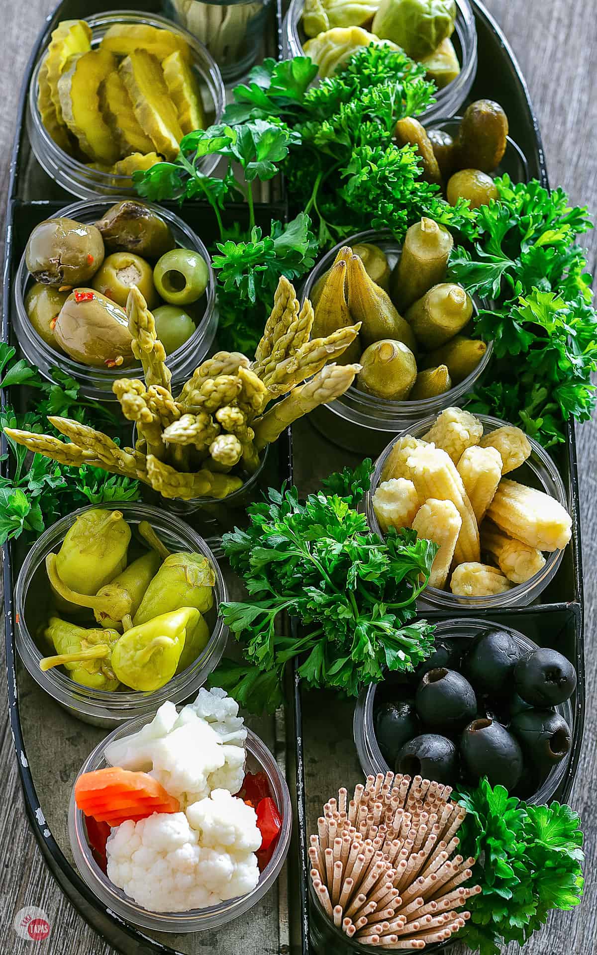 overhead view of relish tray ingredients