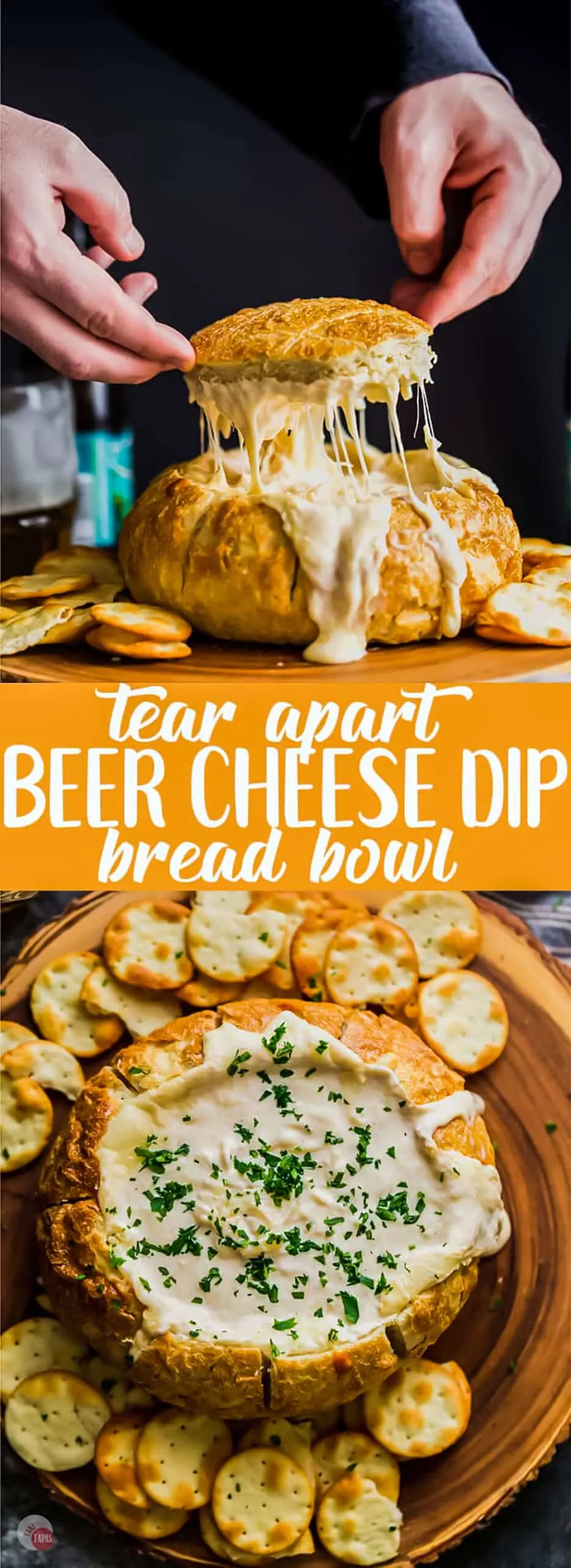 Creamy, Melty Beer Cheese dip in a tear apart bowl for easy serving. Ideal appetizer for any holiday appetizer or gameday party!