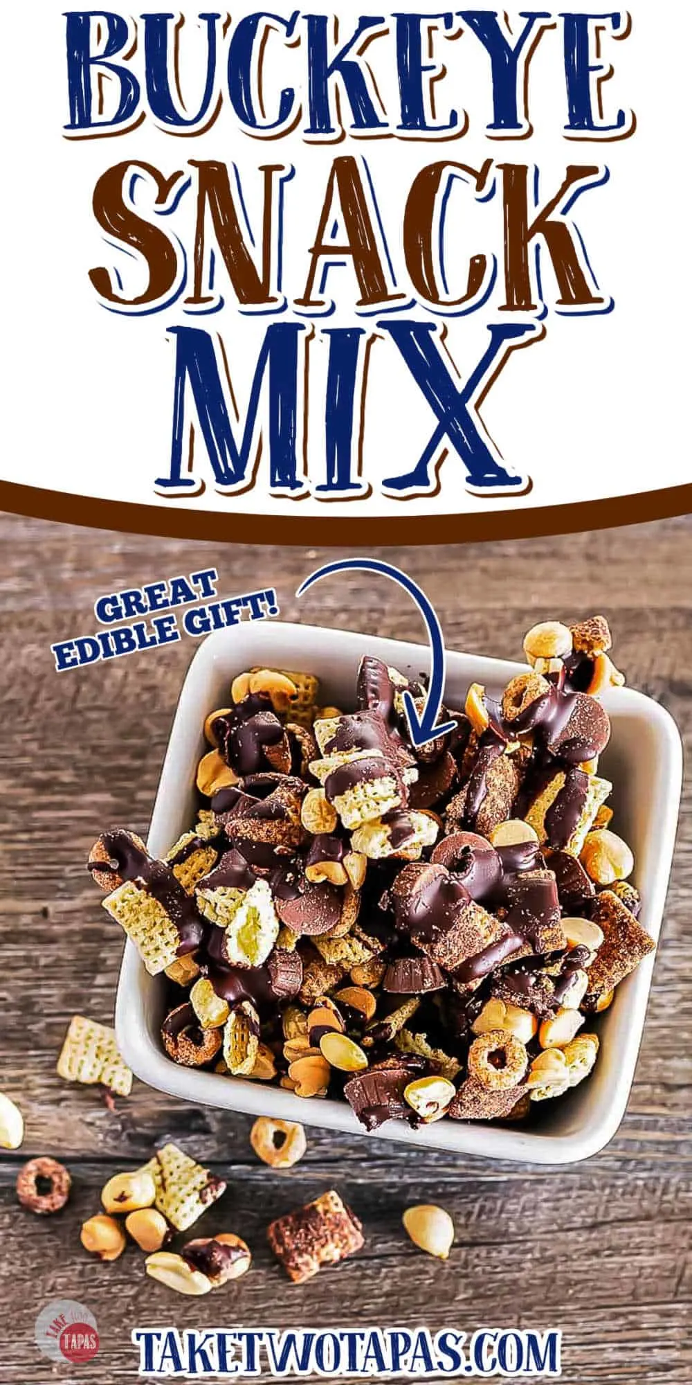 close up of chocolate chex mix with text "buckeye snack mix"