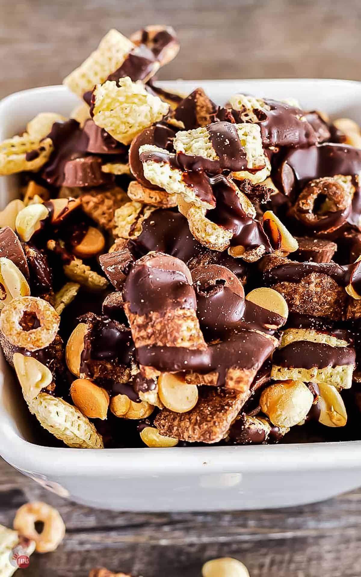 side angle of a bowl of Buckeye snack mix