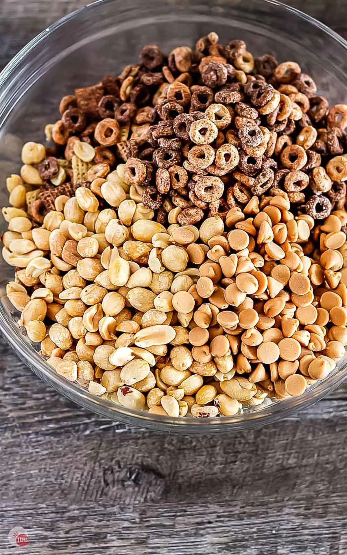 chex mix ingredients in a bowl