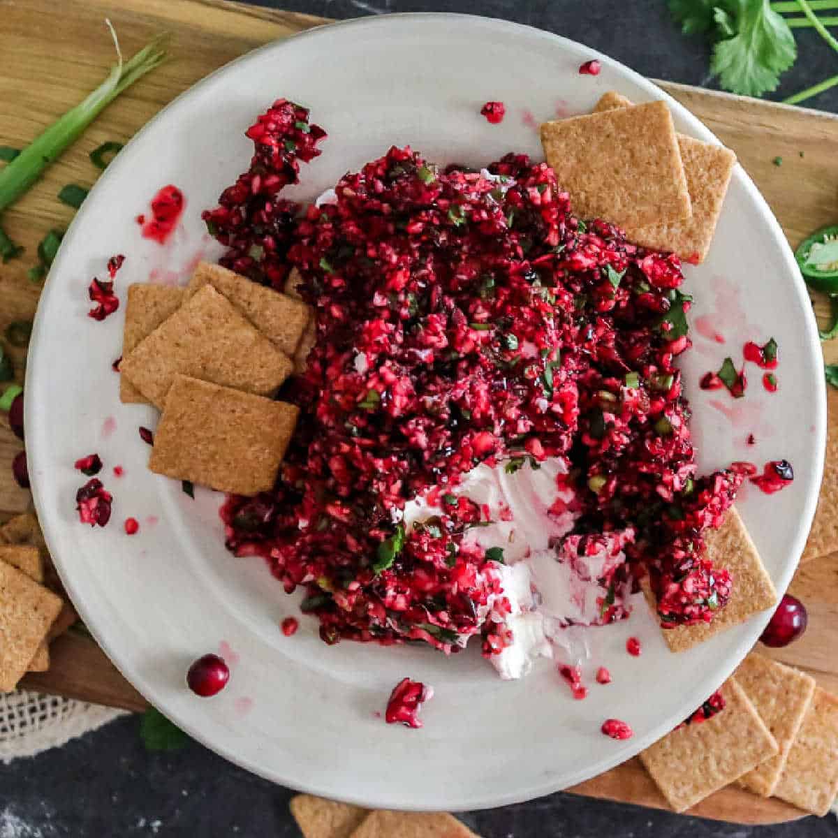 block of cream cheese with cranberry salsa