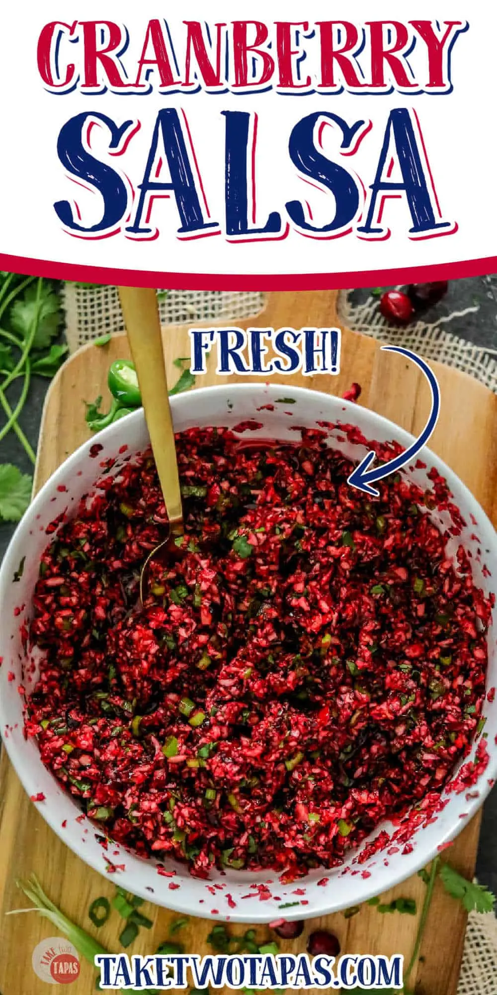 bowl of salsa with text "fresh cranberry salsa"
