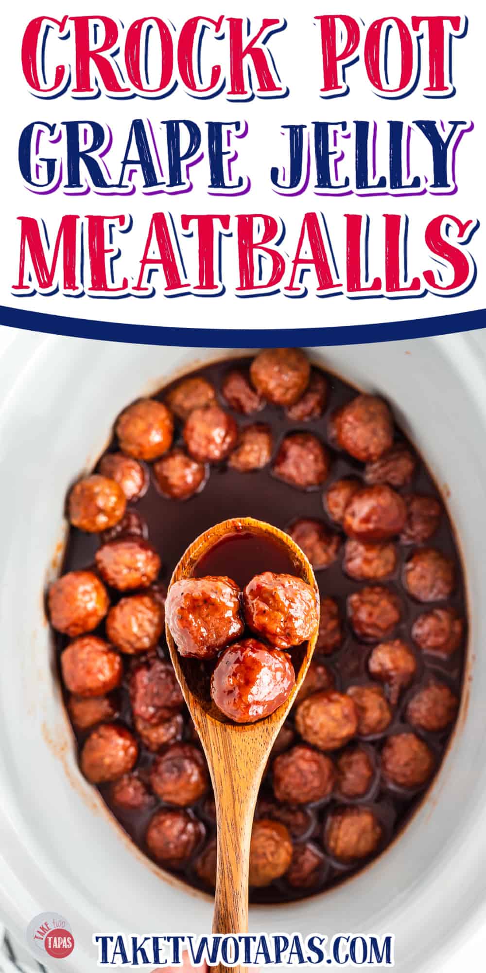 crockpot of meatballs with text "grape jelly meatballs"