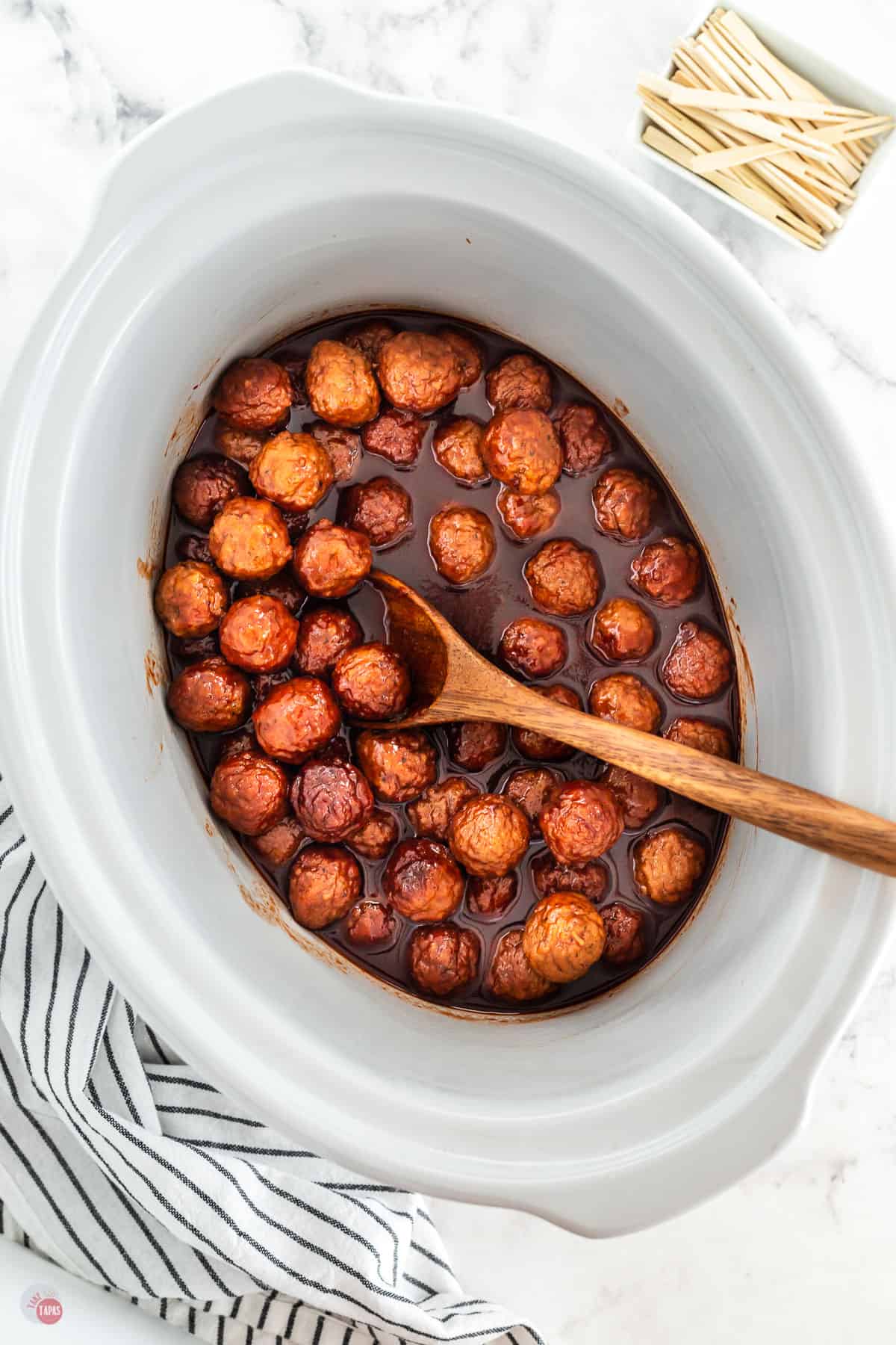 grape jelly meatballs in a white crockpot