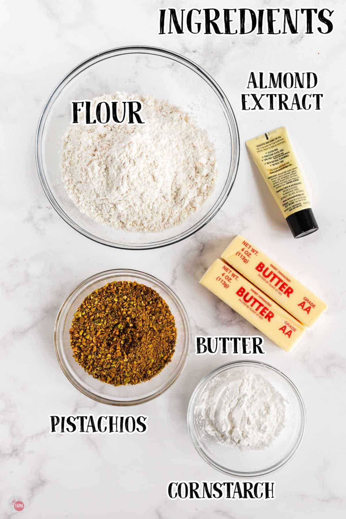labeled picture of pistachio cookie ingredients