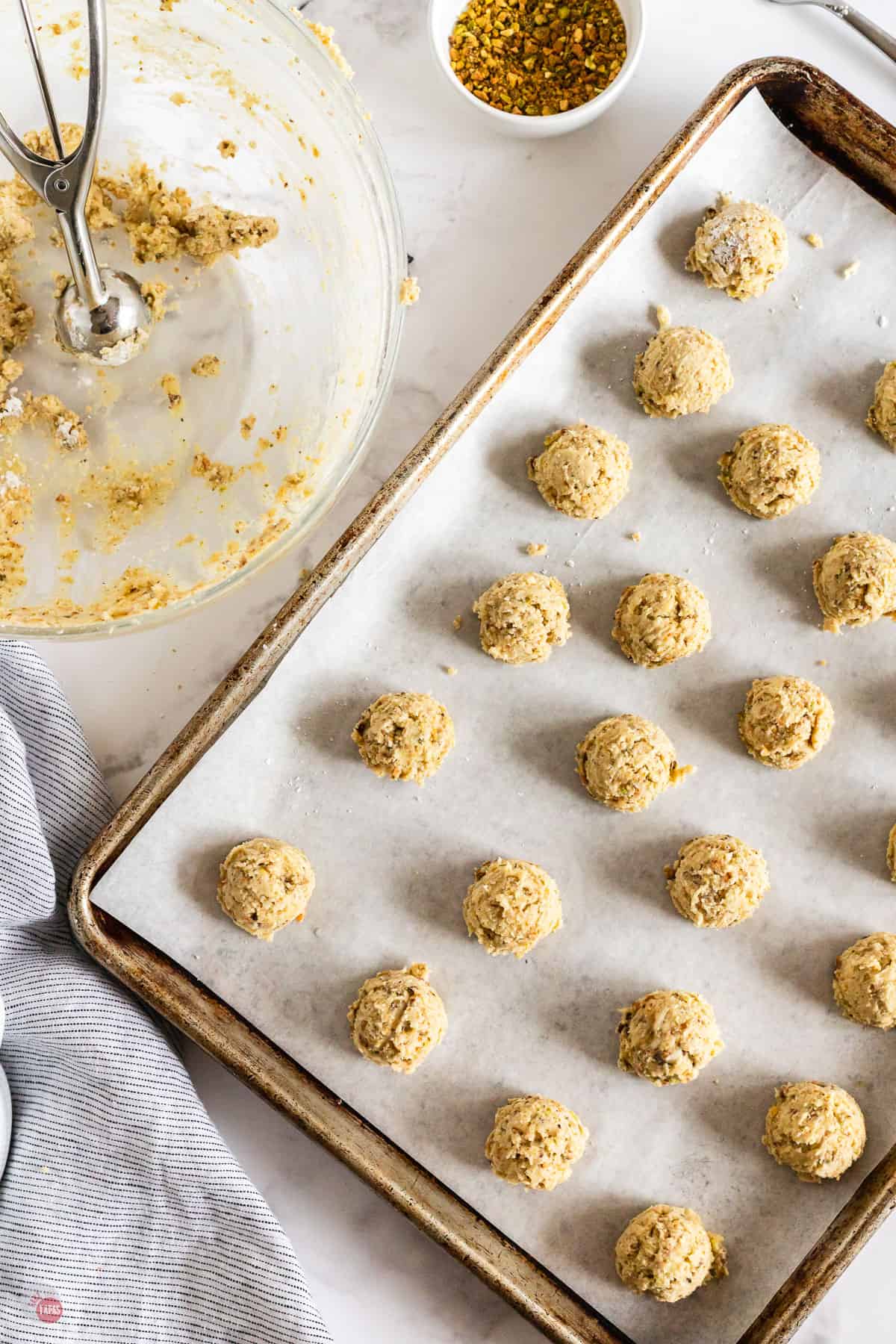 cookie dough scooped onto baking sheet