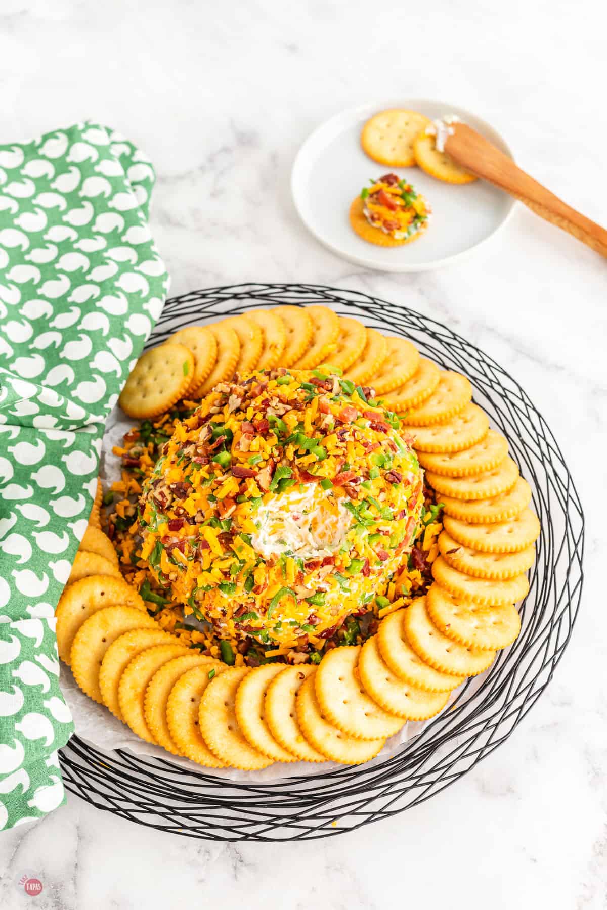 jalapeno popper cheese ball on serving tray