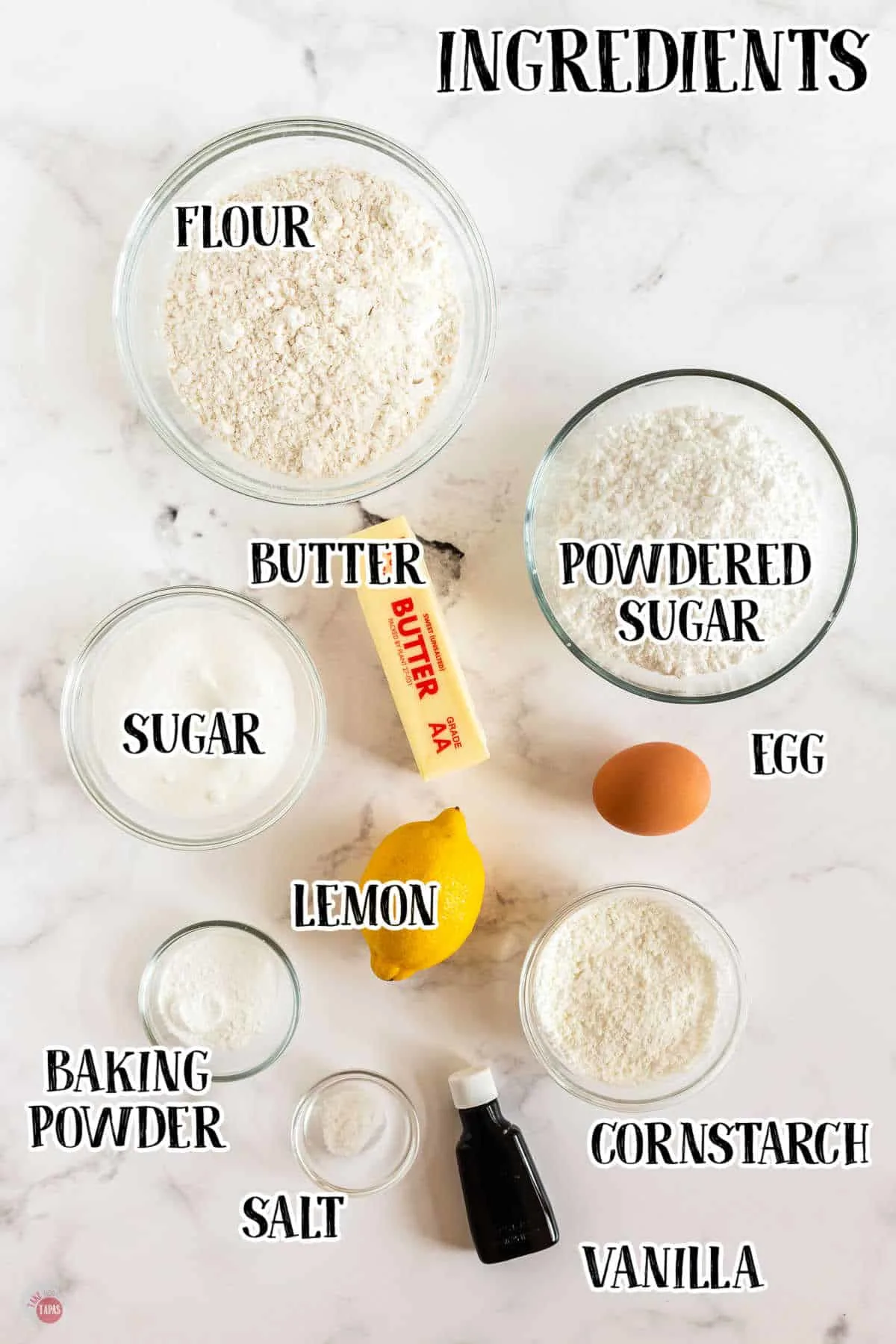 labeled picture of italian lemon drop cookie ingredients