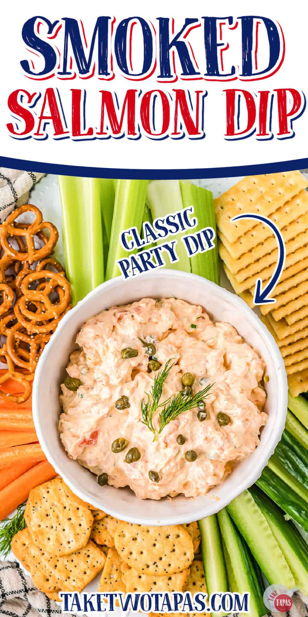 bowl of salmon dip with veggies and text "smoked salmon dip"