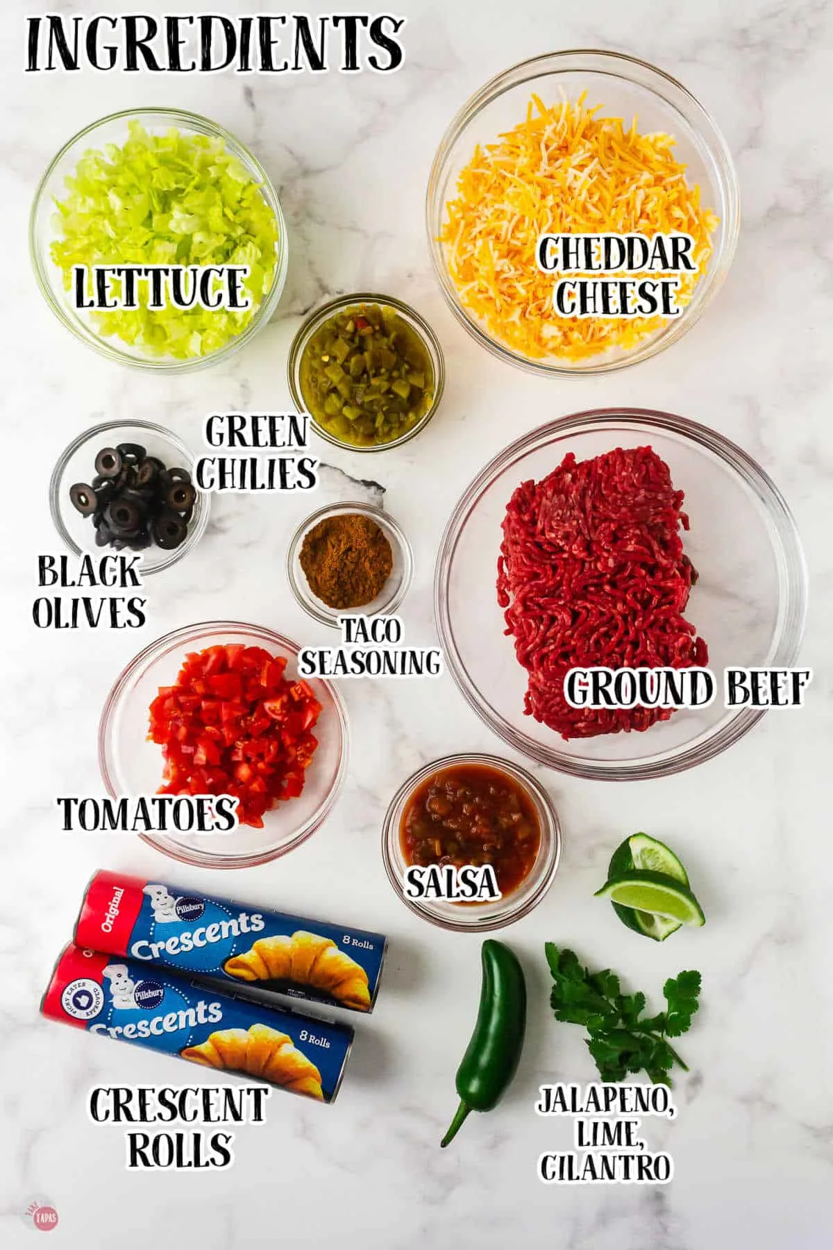 labeled picture of taco ring ingredients