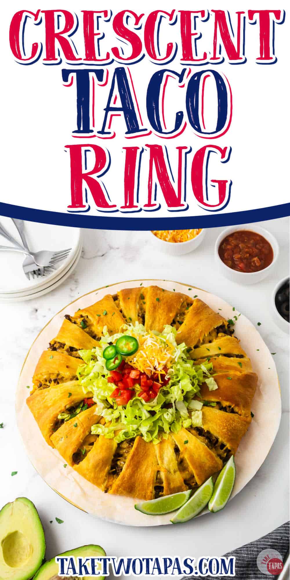 crescent taco bake with text "taco crescent ring appetizer"