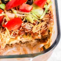 square picture of seven layer dip for recipe card