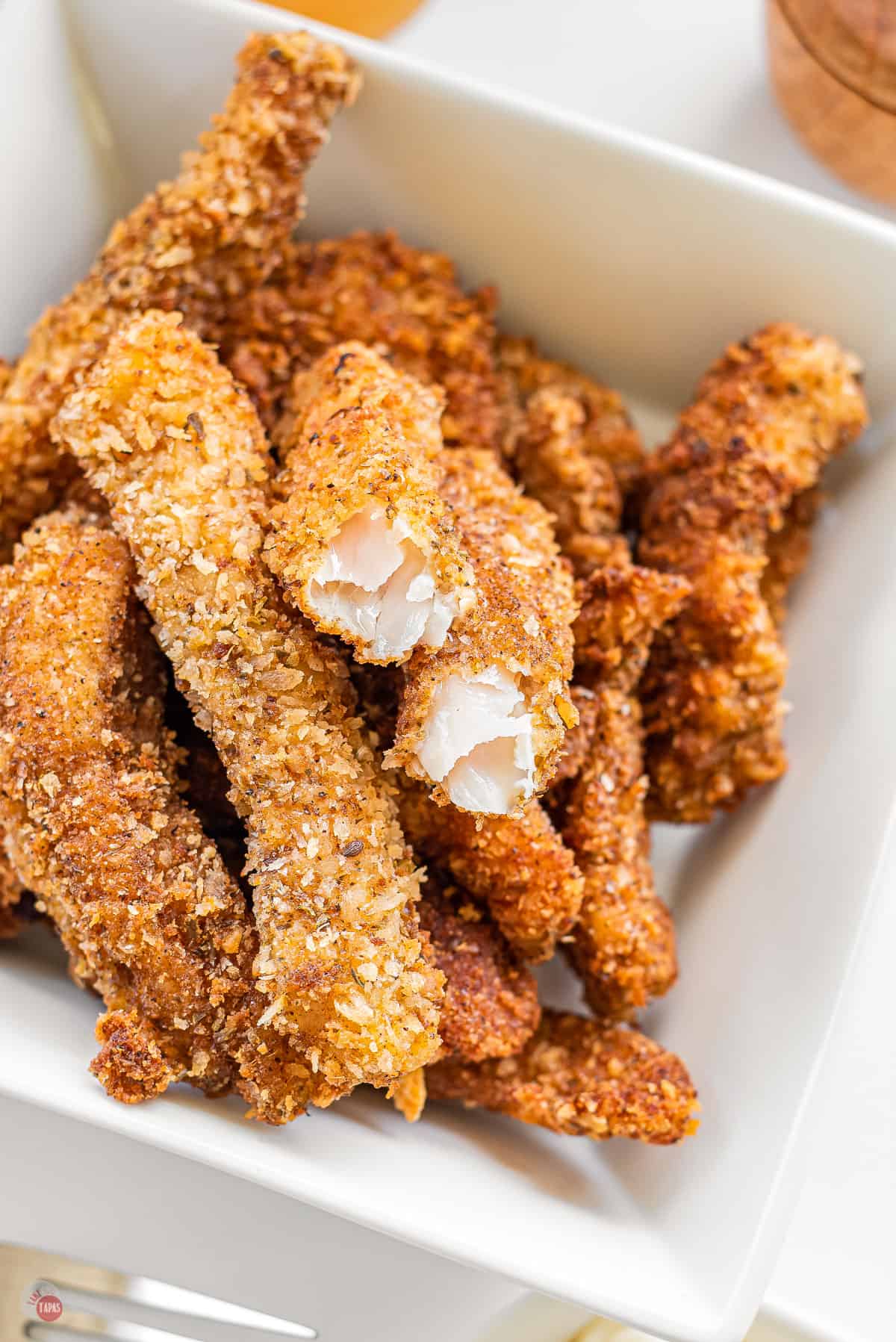 bowl of crispy fish sticks