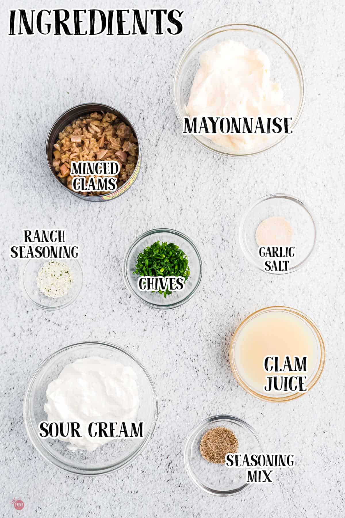 labeled picture of clam dip ingredients