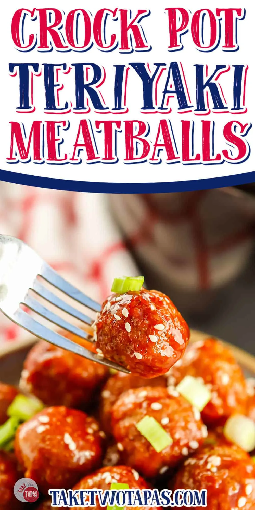 meatball on fork with text "crockpot teriyaki meatballs"