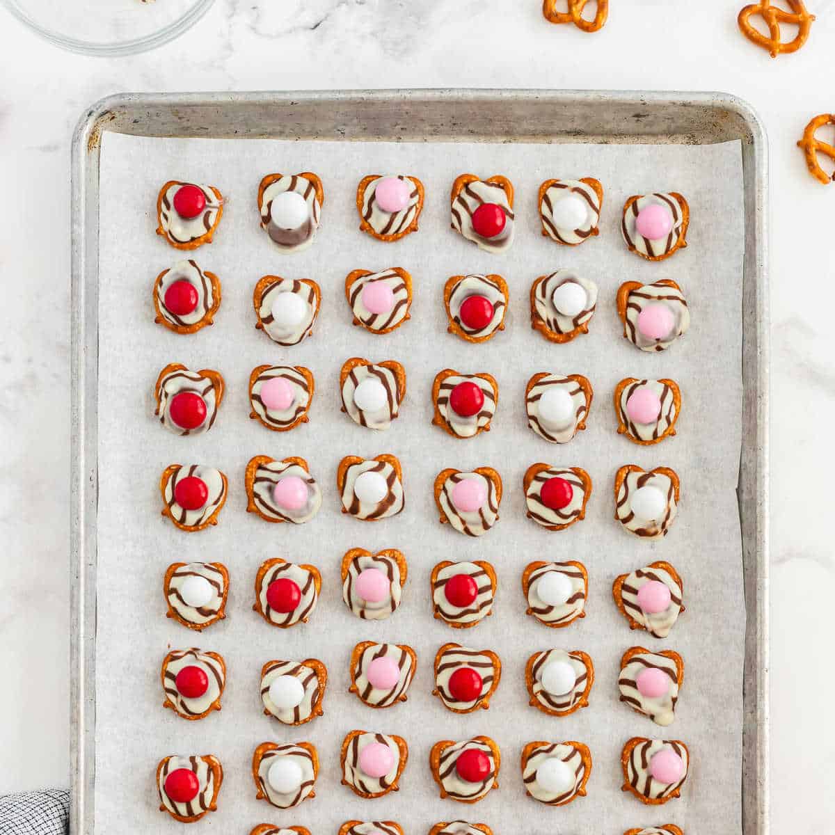 baking sheet of pretzel hugs