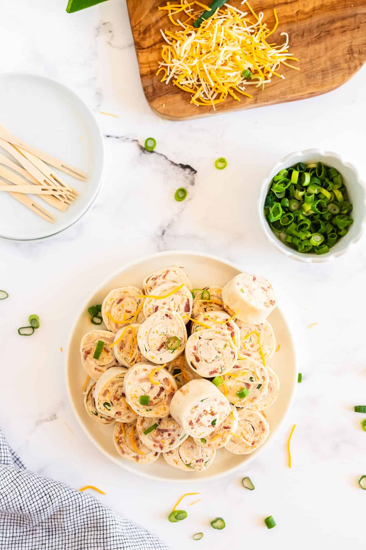 overhead picture of plate of tortilla pinwheels