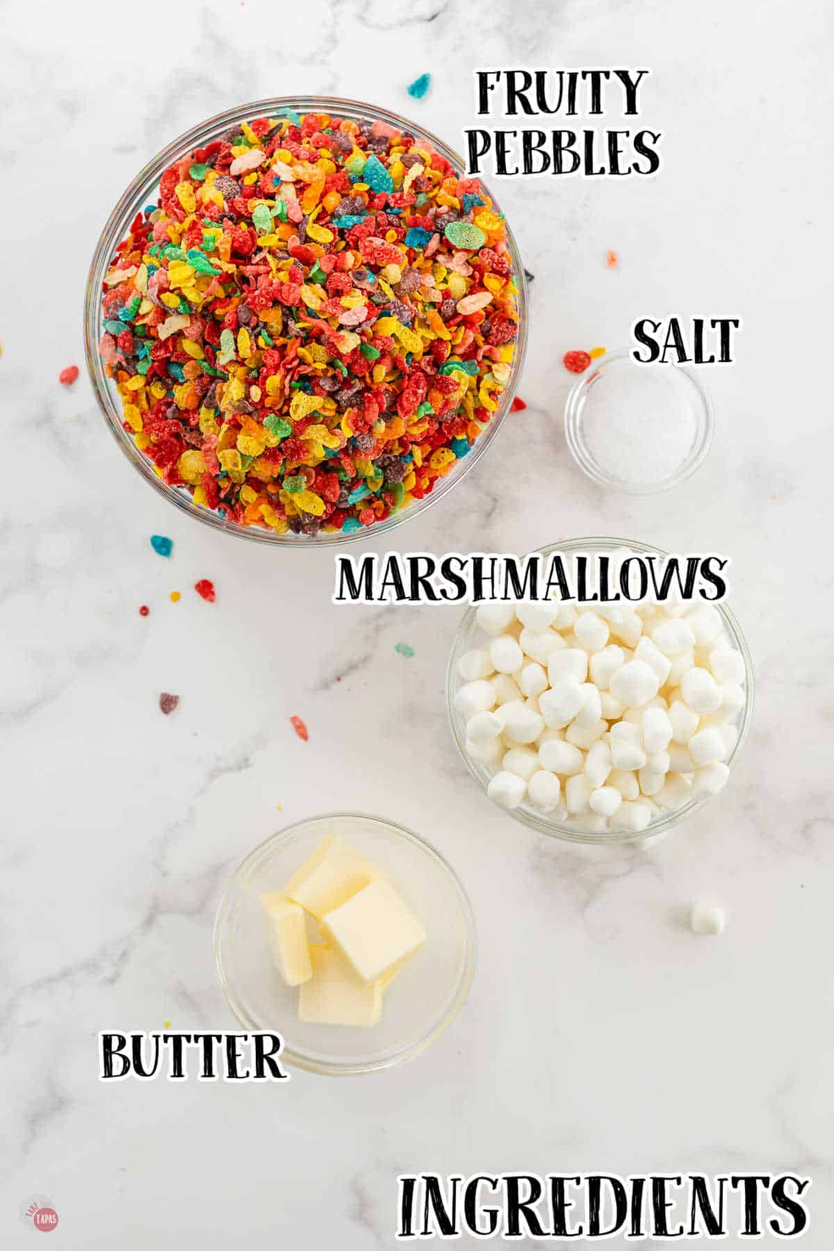 labeled picture of cereal marshmallow bar ingredients