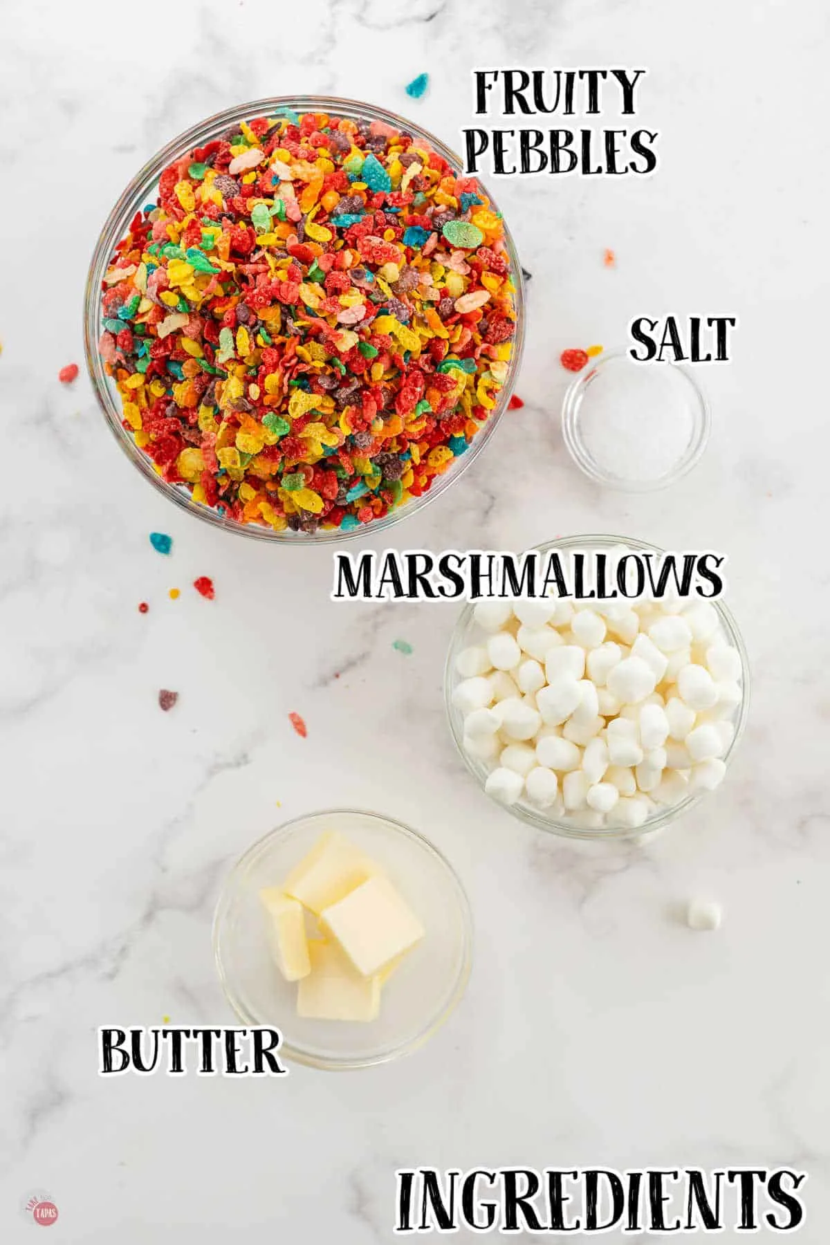 labeled picture of cereal marshmallow bar ingredients