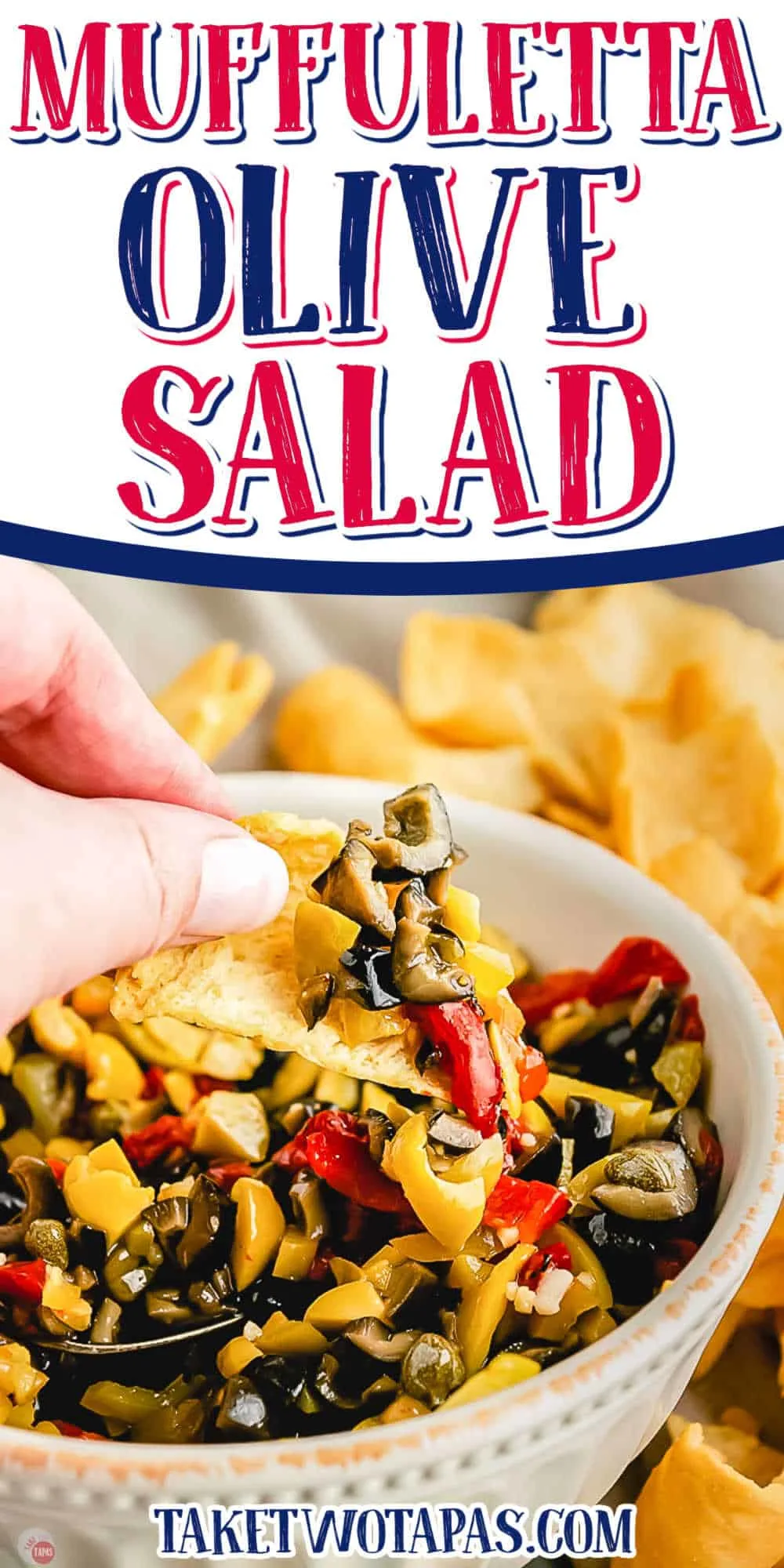 spoon of olive salad with text "muffuletta olive salad"