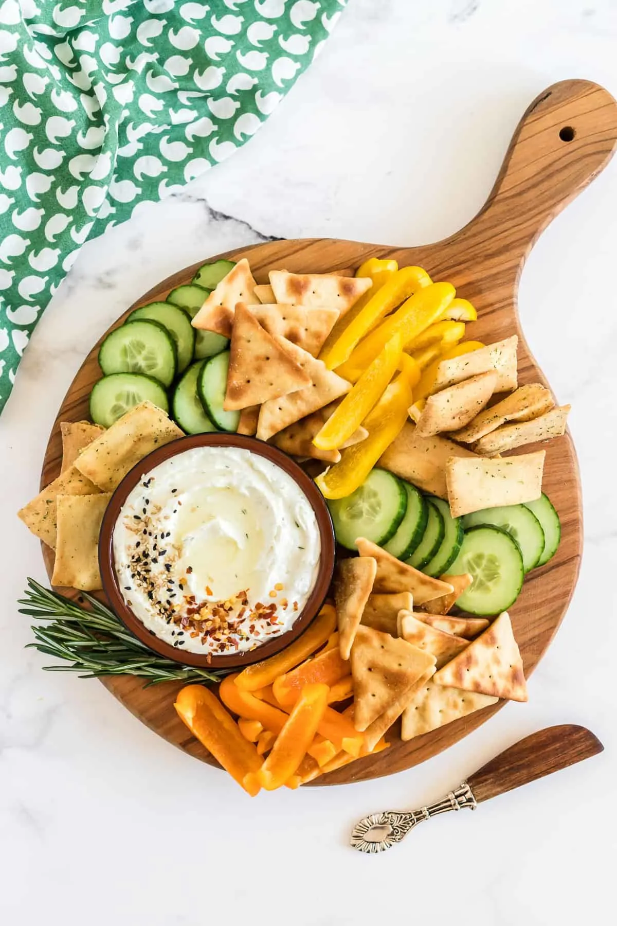 overhead picture of platter of veggies and whipped feta dip