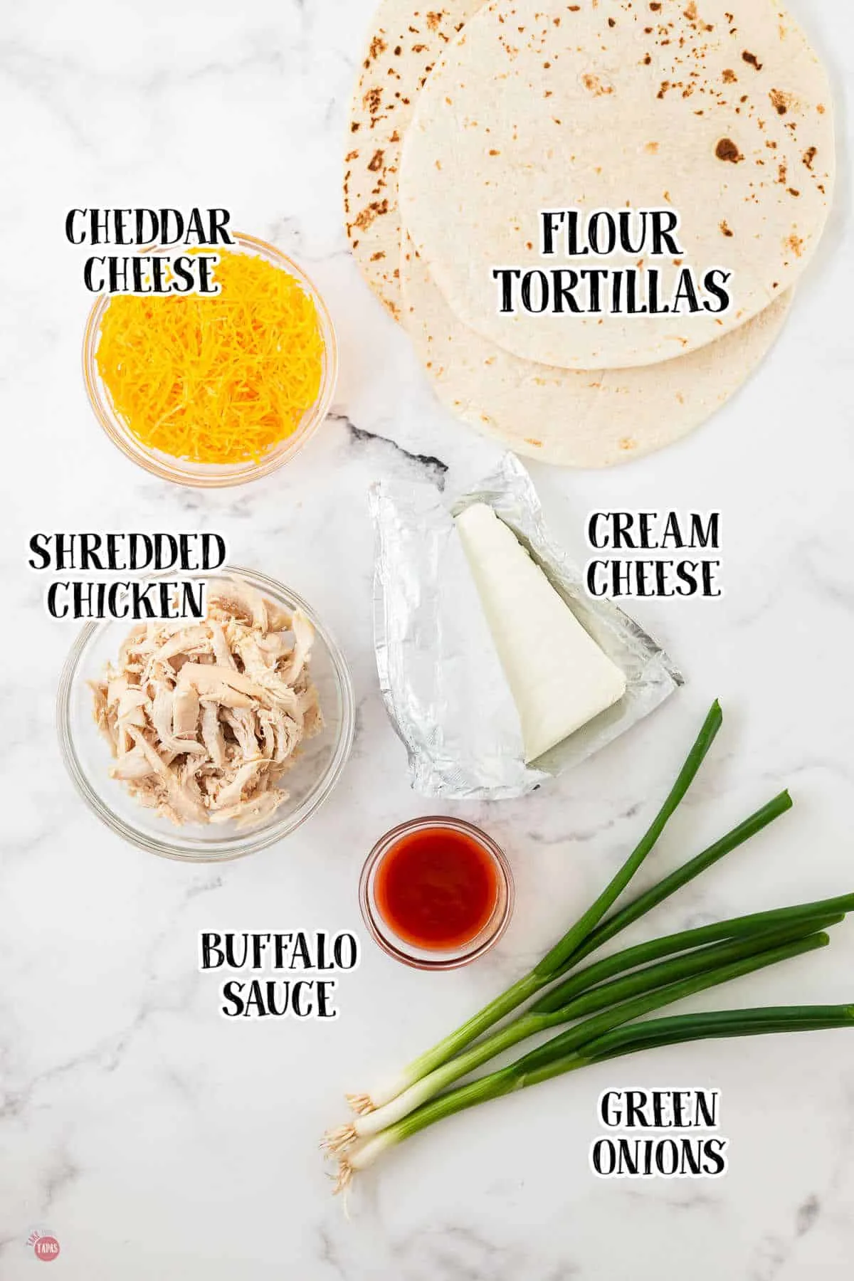labeled picture of buffalo chicken pinwheel ingredients